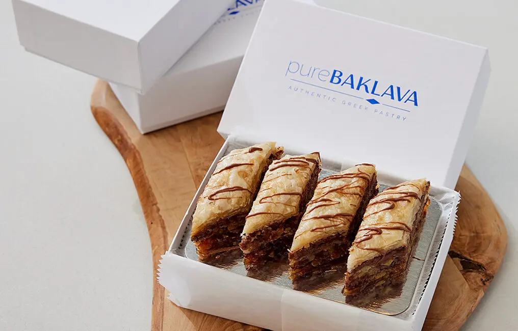pureBAKLAVA package and dark chocolate pastry